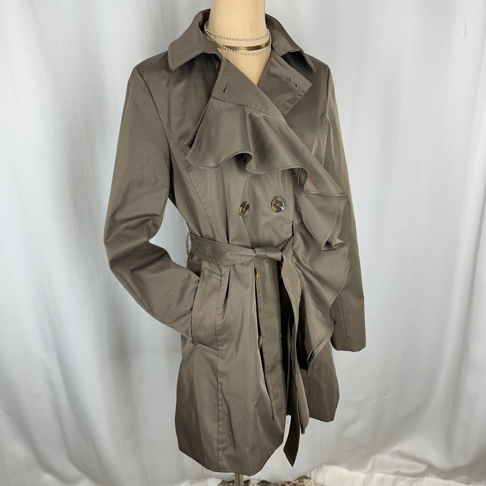 Sandro Studio Women Brown Ruffle Double Breasted Trench Coat Jacket Size M NWOT